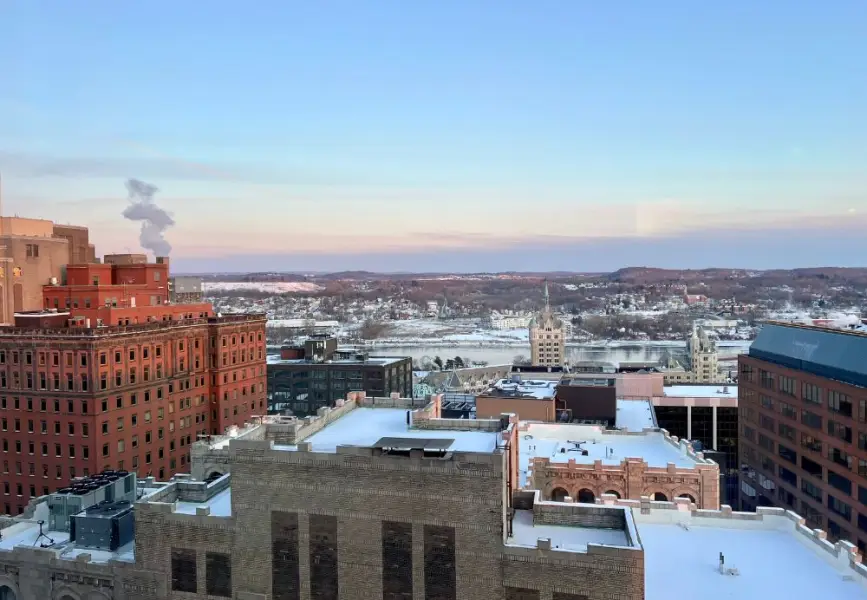 View of a bitterly cold downtown Albany, NY looking east toward the Hudson River.