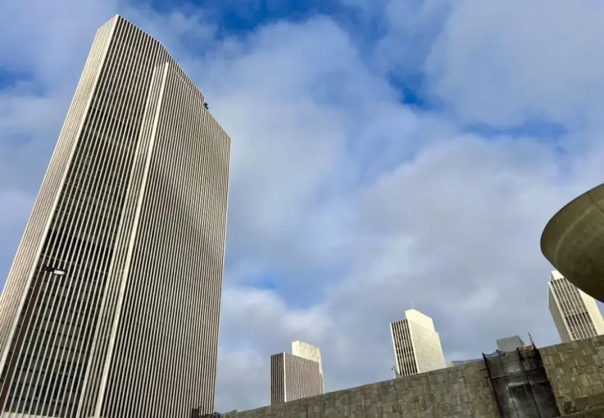 Looking up at the Empire State Plaza in Albany, NY.