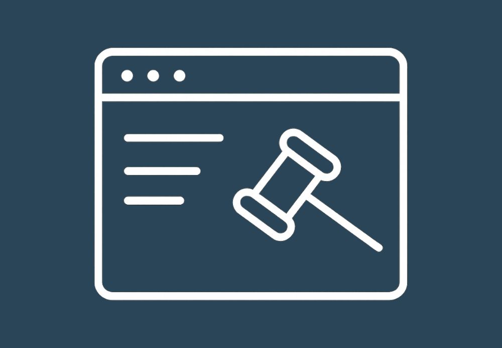 A graphic with a dark blue background with an icon of a browser and gavel.