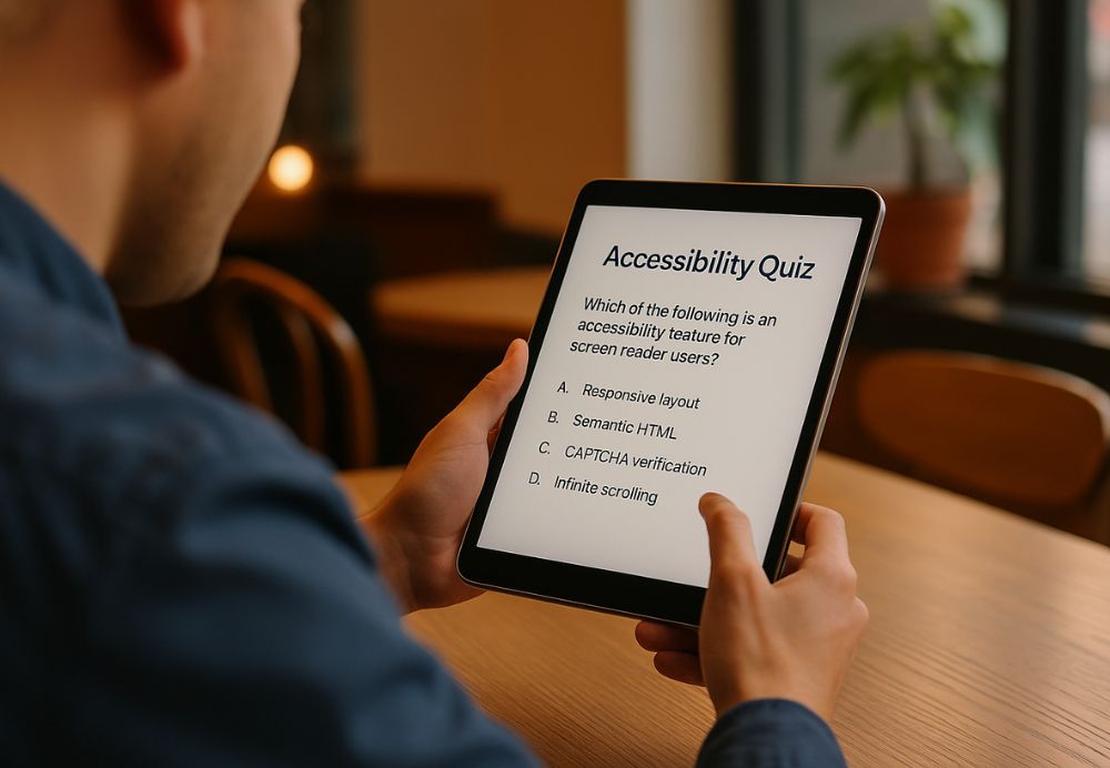 A person taking an online accessibility quiz on a tablet in a modern café.